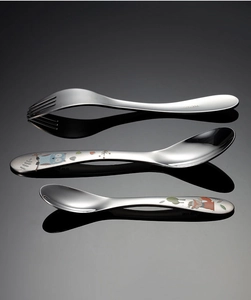 Polished stainless steel kids cutlery set with cute owl and fox cartoon patterns