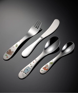 Detailed view of 4-piece 304 stainless steel kids cutlery set with cute animal patterns