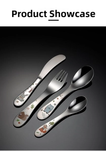 Detailed view of 304 stainless steel children's cutlery set with cute forest animal patterns