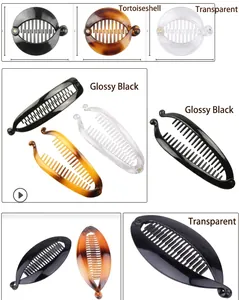 Detail of banana hair clip set in tortoiseshell, transparent, and black finishes
