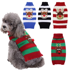 Festive knitted pet sweaters with striped patterns and 3D Christmas reindeer decor