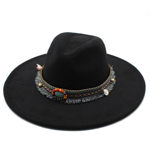 Ethnic wool fedora hat with turquoise beads and embroidery on wide brim band