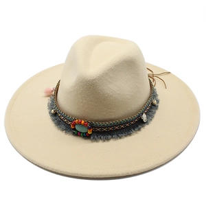 Beige wide brim wool fedora hat with ethnic turquoise beaded band and tassel detail
