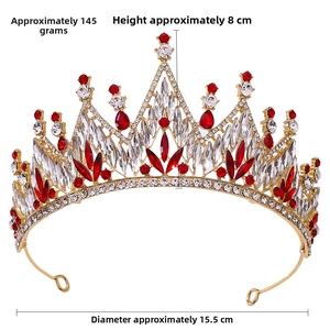 Close-up of golden Baroque crown with red teardrop rhinestones and 15.5cm diameter base
