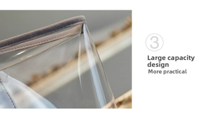 Detail of transparent travel pouch featuring gray fabric trim and reinforced stitching