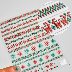 Detail showing 3D embossed Christmas sweater nail stickers with red reindeer and snowflake patterns