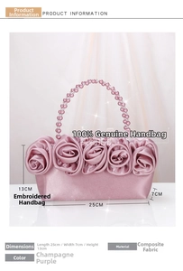 Dettaglio borsa in raso viola champagne con rose 3D e manico in perle sintetiche