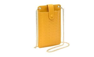 Close-up of yellow woven texture phone bag with gold chain strap and snap closure