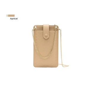 Detail of apricot woven texture cell phone bag with gold chain and metal buckle