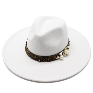 White wool felt jazz hat with 9.5cm wide brim and leopard print pearl trim detail