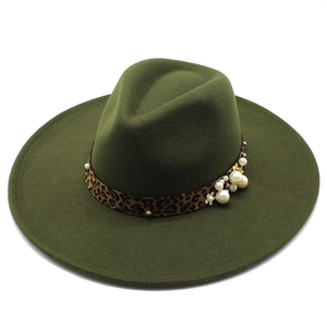 Dark green wool fedora with 9.5cm wide brim featuring leopard print band and pearls