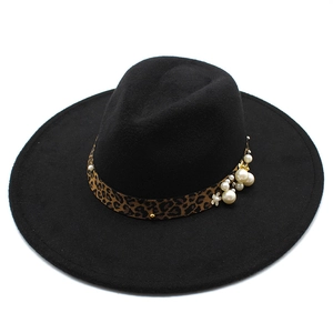 Black wide brim wool fedora hat with leopard print band and pearl floral accents