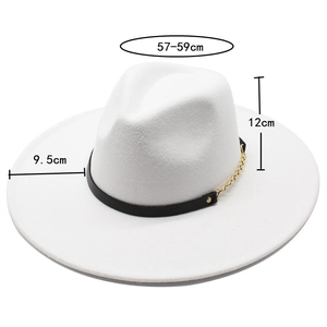 Detailed dimensions of white wool fedora hat with chain, 9.5cm brim and 57-59cm crown