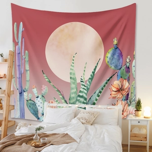 Bohemian watercolor tapestry featuring moon and cactus plants for bedroom wall decoration