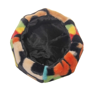 Colorful faux fur beret hat with pop art cow print and warm plush lining for winter fashion