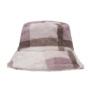 Close-up of winter plaid bucket hat in plush faux fur with purple and brown check pattern