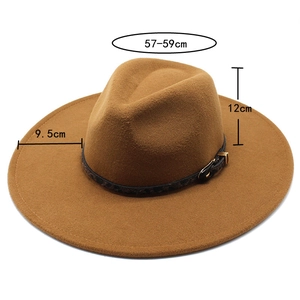 Detail of wool fedora hat in brown showing a 9.5cm wide brim and 12cm height dimensions