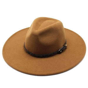 Brown wide brim wool felt jazz hat with leopard band and gold buckle detail