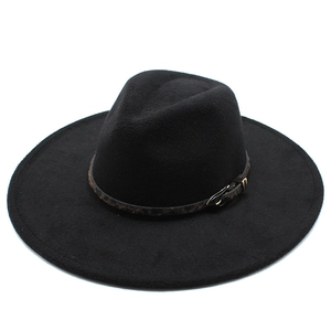 Detail of black wool fedora with 9.5cm wide brim and leopard print belt with buckle