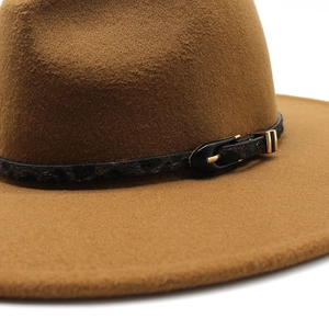 Dark camel wool felt jazz fedora with leopard print band and golden buckle detail