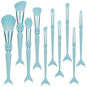 10pcs light blue mermaid makeup brush set with soft bristles and fish scale handle