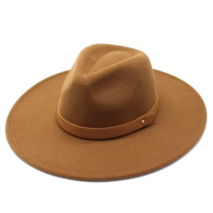 Classic khaki wool fedora hat with wide brim and leather strap with gold studs
