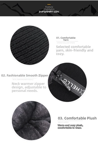 Detail of warm winter knit neck warmer with thick plush lining and smooth zipper closure