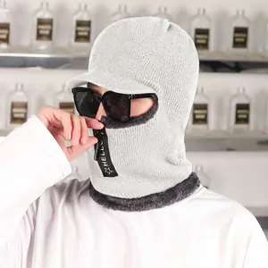 Winter Knitted Balaclava Hat Fleece Lined Warm Beanie With Zipper Neck Gaiter For Outdoor Cycling Windproof Men Women