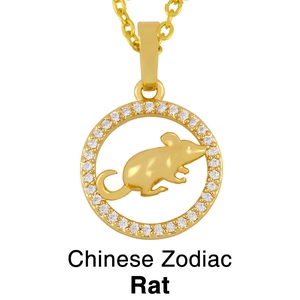 Goldene Halskette mit chinesischem Sternzeichen Ratte und funkelndem Kristall-Anhänger