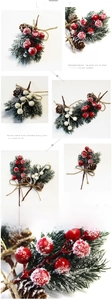 Detail of Christmas spray with pine needles, red berries, cones and faux snow finish