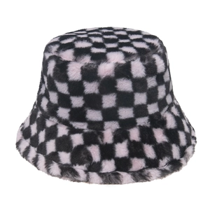 Pink and grey checkerboard fuzzy bucket hat in soft faux fur for women's winter fashion