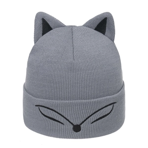 Winter knitted beanie in grey with cute fox ears and cartoon facial embroidery