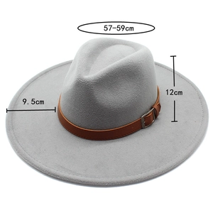 Detail showing wool jazz fedora hat dimensions with grey felt and brown leather belt