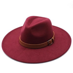 Burgundy wool felt wide brim jazz hat with leather band and metal buckle for men and women
