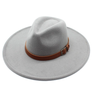 Classic grey wool fedora hat with wide brim and decorative brown leather band buckle