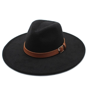 Detail of black wool fedora with 9.5cm wide brim and brown leather band with buckle