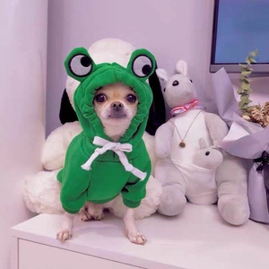 Detail of green frog pet hoodie for dogs and cats in soft plush flannel fabric