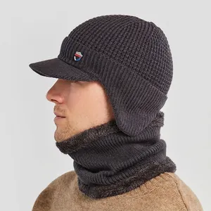 Men winter knit hat and neck warmer set with ear protection and visor in dark grey