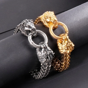 Lion head stainless steel bracelet in gold and silver colors with heavy curb chains