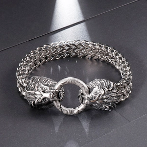 Men Stainless Steel Lion Head Bracelet Vintage Punk Heavy Industrial Style Double Lion Biting Ring Chain Bracelet Jewelry