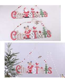 Detail view of wooden Christmas tree ornaments with reindeer and Santa designs