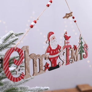 Festive Christmas wooden tree hanger featuring colorful Santa and Reindeer ornaments