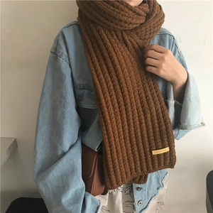 Thick chunky knit scarf in caramel brown with hand made label and denim jacket style