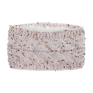 Detailed view of pink knitted headband with colorful flecks and warm white fleece lining