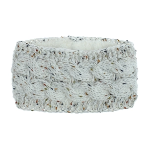 Close-up of cable knit headband with warm faux sherpa fleece lining and colorful dots