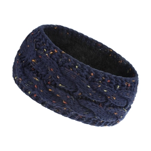 Macro view of navy knit headband with colorful flecks and thick warm fleece lining