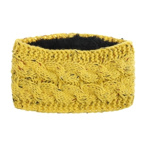 Detailed view of yellow knitted headband with thick black fleece lining and cable pattern