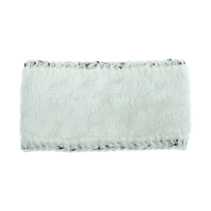 Detail of white plush knitted headband showing faux rabbit fur texture and colorful stitching