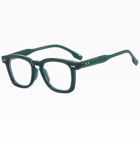 Close-up of dark green square frames with silver fish hinge and CE certified temple
