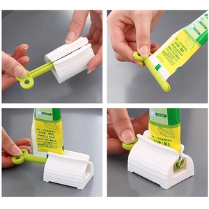 Manual rolling toothpaste squeezer showing four-step installation and squeezing process